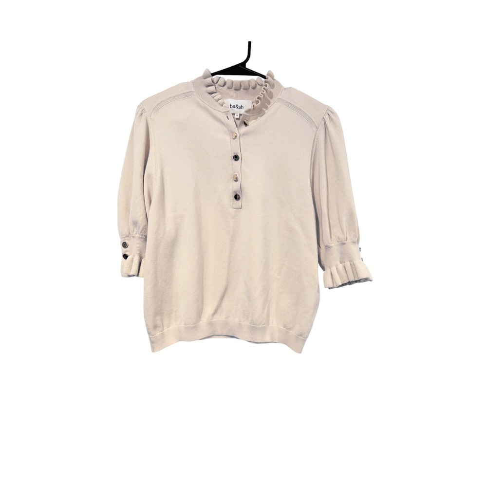 Ba&sh Lady Pullover Cream Ruffle Neck Puff Sleeve Button Sweater Size M